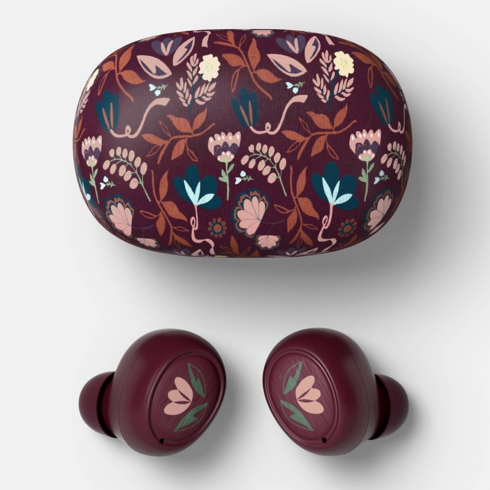 🤖♡heyday Floral-Pattern True Wireless Earbuds in Burgundy and Teal Accents